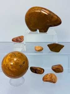 lot 70 image: Yellowo Jasper Polished Lot of 7 Zuni Bear 198 gm.  6.6 oz., Sphere 50mm  205 gm.  7.1 oz. & 5 tumbles 68 gm.  2.4 oz. Total Weight of lot 455 gm.  1 lb.