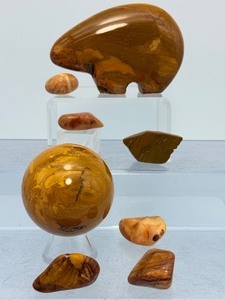 lot 70 image: Yellowo Jasper Polished Lot of 7 Zuni Bear 198 gm.  6.6 oz., Sphere 50mm  205 gm.  7.1 oz. & 5 tumbles 68 gm.  2.4 oz. Total Weight of lot 455 gm.  1 lb.