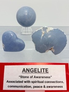 lot 281 image: Angelite Lot of 3 Sphere 44mm, 160 gm  5.6 oz.  Heart 95gm  3.3 oz.  12 tumbled chunk 258 gm  9.1 oz.  Total Weight 514 gm  1 lb.  2.6 oz . Reflects its angelic connotations.