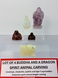 lot 286 image: Buddha Polished Lot of 4 (amethyst, opalite, rhodonite. & tigers eye and  1 Spirit Animal Carving. . methyst head. 177 gm 6.2 oz.  3 small Buddha 90gm  3.1oz.   Spirit animal 78 mg 2.7 oz  Total Weight 345 gm  12.1 oz.