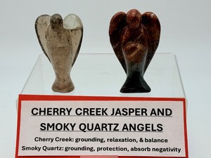 lot 299 image: Angel Lot of 2 Cherry Creek Jasper Angel 91 gm.  3.2 oz. Smoky Quartz Angel 70 gm.  2.4 oz Total Weight 161 gm.  5.6 oz.