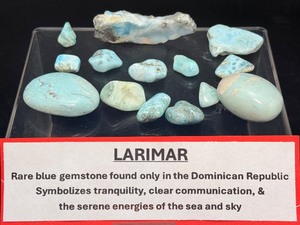 lot 290 image: Gorgeous Larimar Polished Misc. Pieces Lot Only found in the Dominican Republic.  2 palmstones, 2 slabs, 10 tumbles palmstones 58 gm  2 oz.  2 small slabs 43 gm  1.5 oz.  tumbles 45 gm  1.5 oz.  Total Lot Weight 144 gm  5 oz.