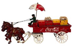 lot 28H image: UL - Vintage Cast-Iron Coca-Cola Horse Drawn Delivery Wagon with Bottles