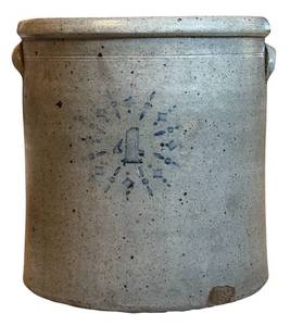 lot 150H image: UL - Antique 4 Gallon Salt Glazed Stoneware Crock with Starburst Decoration