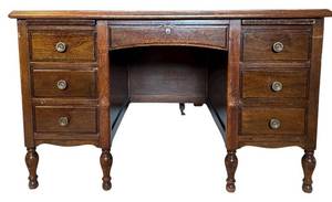 lot 154H image: UL - Vintage Wooden Office Desk with 7 Drawers and Organizer Tray