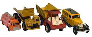 lot 156H image: UL - Lot of 4 Vintage Die-Cast Trucks and 1932 Montgomery Ward Bank Car