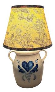 lot 163H image: UL - Rowe Pottery Works Stoneware Table Lamp with Heart Design and Fabric Shade, 16 Inch