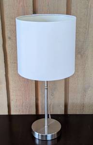 lot 113A image: ML - Petite Table Lamp with White Shade and Brushed Metal Base