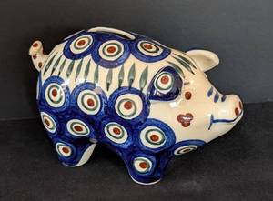lot 129 image: K - Polish Pottery Piggy Bank with Blue Peacock Pattern