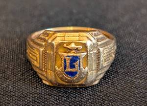 lot 145A image: K - 10k Gold Class Ring with Blue Enamel Crest, Size 3