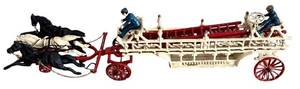 lot 66H image: LR - Vintage Cast Iron Horse-Drawn Fire Engine Toy with Figures