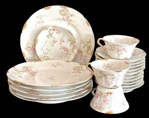 lot 211H image: LR - Theodore Haviland Limoges France Tea Cups with Saucer, Pink Floral Pattern