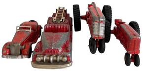 lot 216H image: Lot of 4 Vintage Red Hubley Diecast Vehicles - Fire Truck, Tractors, Convertible Car