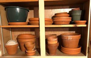 lot 220H image: G  - Collection of Mixed Clay and Plastic Flower Pots and Saucers