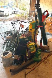 lot 225H image: G - Large Collection of Garden Tools, Hoses, Soil, Spreaders, and Lawn Supplies