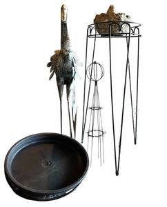 lot 226H image: G - Vintage Garden Decor Collection with Metal Bird Sculpture and Plant Stand
