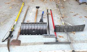 lot 229H image: G - Assorted Yard and Snow Tools Including Pruner, Shovel, Brooms, and Snow Pushers