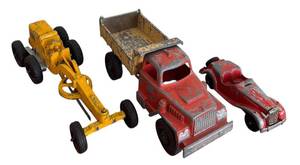 lot 272H image: LR - Pair of Vintage Pressed Steel Toy Construction Vehicles and Dinky Toys 35c MG Sports Car
