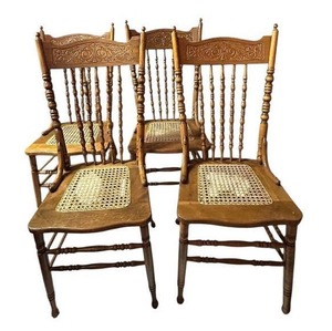 lot 7C image: LL - Set of 4 Vintage Spindle Back Wooden Dining Chairs with Cane Seats