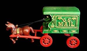 lot 42C image: FR - Vintage Cast Iron U.S. Mail Horse Drawn Wagon
