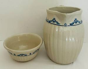 lot 50CC image: FR - Vintage Stoneware Pitcher and Bowl Set with Blue Floral Design, 12 Inch Pitcher