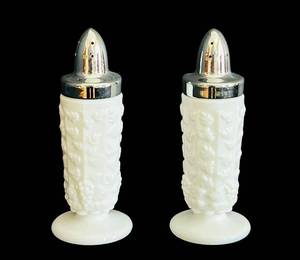 lot 52C image: K - Set of 2 Vintage Milk Glass Salt and Pepper Shakers with Silver Tops