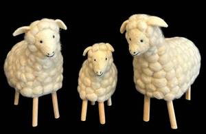 lot 68C image: DR - Set of 3 Handcrafted Wool Sheep Figures with Wooden Legs