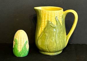 lot 75CC image: K - Shawnee Vintage Pottery Corn Ware Pitcher and Japan Corn Salt Shaker, 5 Inch