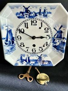 lot 77C image: FR - Vintage German Porcelain Wall Clock with Blue Windmill Motif, 9 x 9 Inches