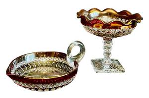 lot 119C image: FR - Vintage West Morland Ruby Flash Cut Glass Nappy Dish and Compote Set