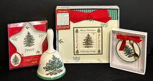 lot 123CC image: FR - Spode Christmas Tree Collection with Bell, Star Dish, Ornament, and Photo Book