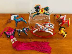 lot 178C image: ML - Collection of 7 Vintage Handcrafted Horse Ornaments with Embroidered Butterfly Tassel
