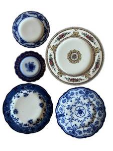 lot 180CC image: FRk - Set of 5 Antique Porcelain Plates Blue and Floral Patterns 8 Inch
