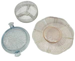 lot 181C image: K - Vintage Fire-King Sapphire Blue Philbe Glass Trivet, Vintage MacBeth-Evans American Sweetheart Depression Glass Tray and Round Vintage Relish Tray