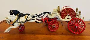 lot 183C image: LRFR - Vintage Cast Iron Horse-Drawn Fire Wagon Toy, 19 Inch