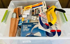 lot 215C image: LL - Tool and Hardware Lot Staple Guns, Knives, Brushes, Velcro, Doorstops, and More