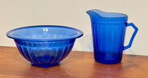 lot 209H image: LR - Cobalt Blue Glass Pitcher, Bowl, and 7 Stir Sticks Set