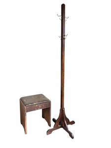 lot 234C image: LL - Vintage Wood Coat Tree Stand and Small Upholstered Stool