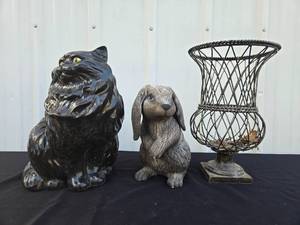 lot 39 image: Garden Decor Set with Cat and Rabbit Statues and Wire Planter