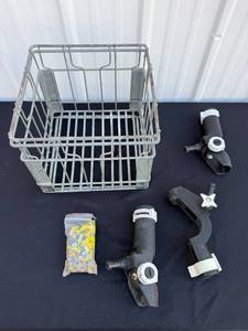 lot 55 image: Set of Fish-On Rod Holders, Metal Milk Crate, and Electrical Connectors