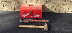 lot 56 image: Milwaukee 12V Heavy-Duty Tool Box with Pipe Wrench and Hammer