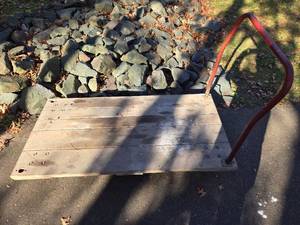 lot 58 image: Heavy Duty Wood Platform Dolly Cart with Red Handle 60x30 Inches