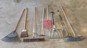lot 60 image: Group of Yard and Cleaning Tools - Rakes, Brooms, Snow Shovel