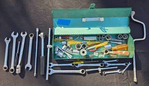 lot 61 image: Mixed Hand Tool Set with Wrenches, Sockets, Screwdrivers, and Metal Toolbox