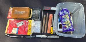 lot 62 image: Mixed Hand Tools and Hardware Lot with Drill Bits, Files, and Utility Knives