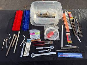 lot 71 image: Assorted Hand Tools, Ratchets, Drill Bits, Saws, and Hardware Collection