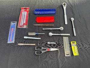 lot 72 image: Assorted Hand Tools with Ratchets, Socket Extensions, Bit Holders, Cutters, and Accessories