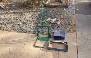 lot 73 image: Dolly (hand truck) with Metal Bin and Blue Platform Feeder