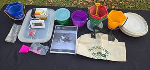 lot 101 image: Childrens Bucket Set, Tote, Floor Thermostat, Screws, and Miscellaneous Items