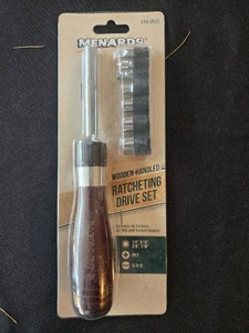 lot 103 image: Menards Wooden-Handled Ratcheting Drive Set with Sockets and Bits in Orig Pkg